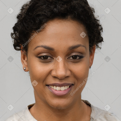 Joyful latino young-adult female with short  brown hair and brown eyes