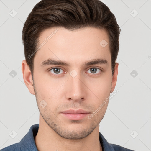 Neutral white young-adult male with short  brown hair and brown eyes