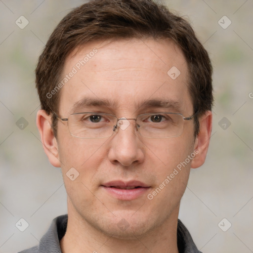 Joyful white adult male with short  brown hair and grey eyes