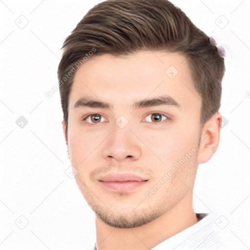 Neutral white young-adult male with short  brown hair and brown eyes