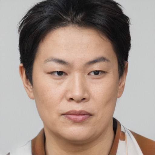 Joyful asian adult female with short  brown hair and brown eyes