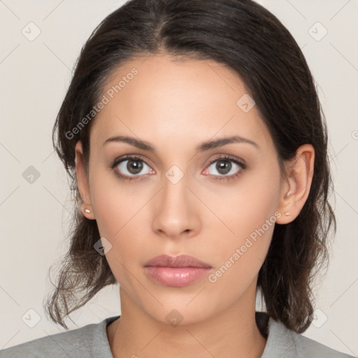 Neutral white young-adult female with medium  brown hair and brown eyes