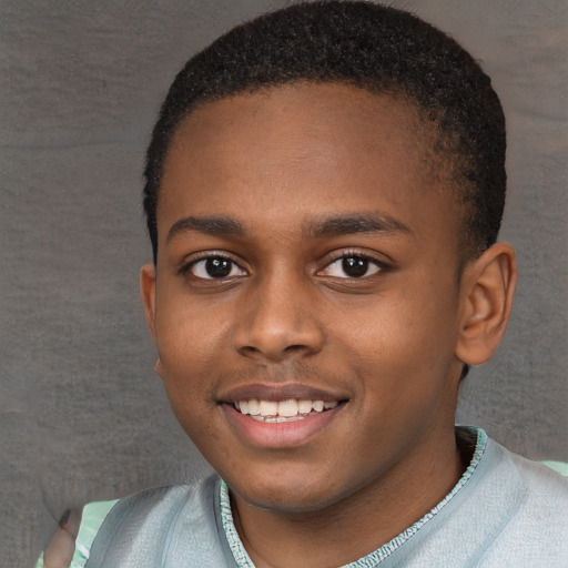 Joyful black young-adult male with short  brown hair and brown eyes