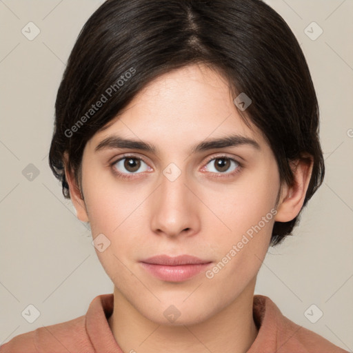 Neutral white young-adult female with medium  brown hair and brown eyes