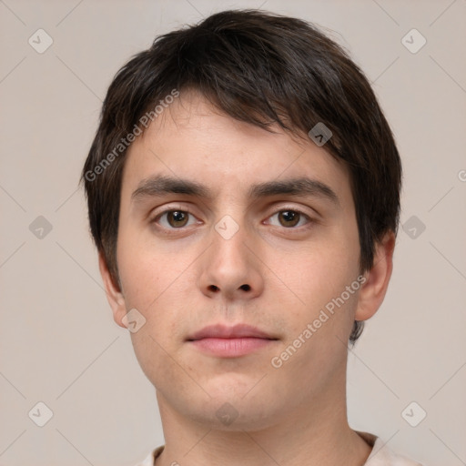 Neutral white young-adult male with short  brown hair and brown eyes