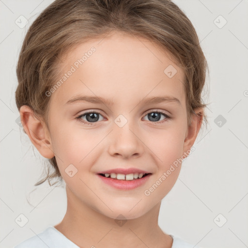 Joyful white child female with medium  brown hair and brown eyes