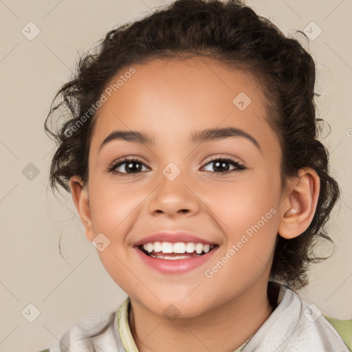 Joyful white child female with medium  brown hair and brown eyes