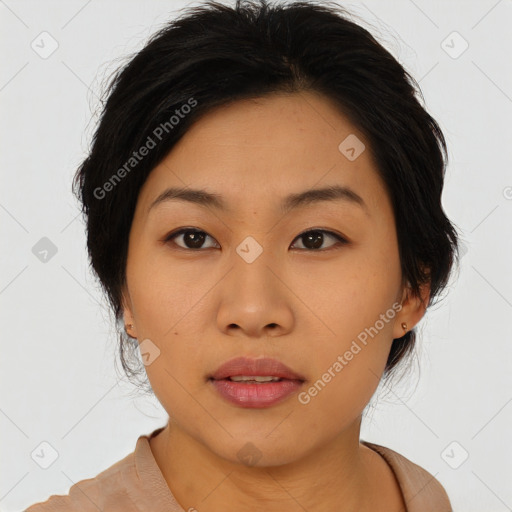 Neutral asian young-adult female with medium  black hair and brown eyes