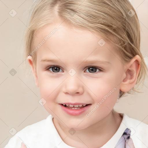 Joyful white child female with medium  brown hair and grey eyes