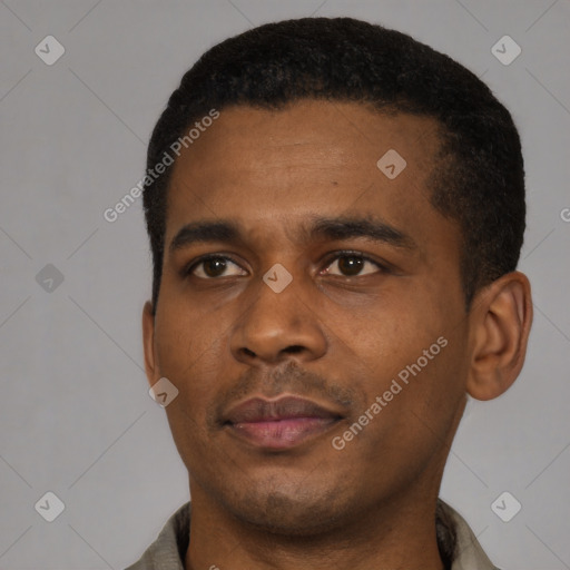 Neutral black young-adult male with short  black hair and brown eyes