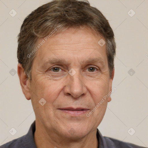 Joyful white middle-aged male with short  brown hair and brown eyes