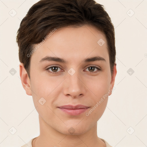 Joyful white young-adult female with short  brown hair and brown eyes