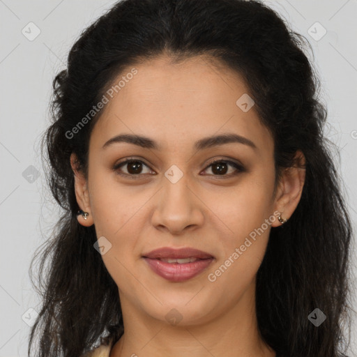 Joyful latino young-adult female with long  brown hair and brown eyes