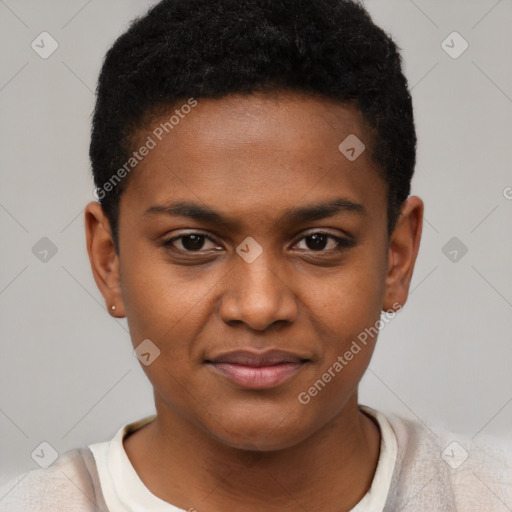 Joyful black young-adult female with short  black hair and brown eyes