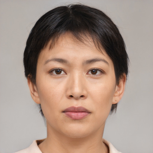 Neutral asian young-adult female with short  brown hair and brown eyes
