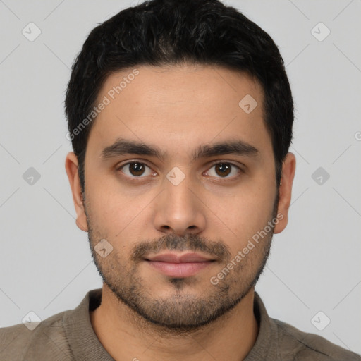 Neutral latino young-adult male with short  black hair and brown eyes