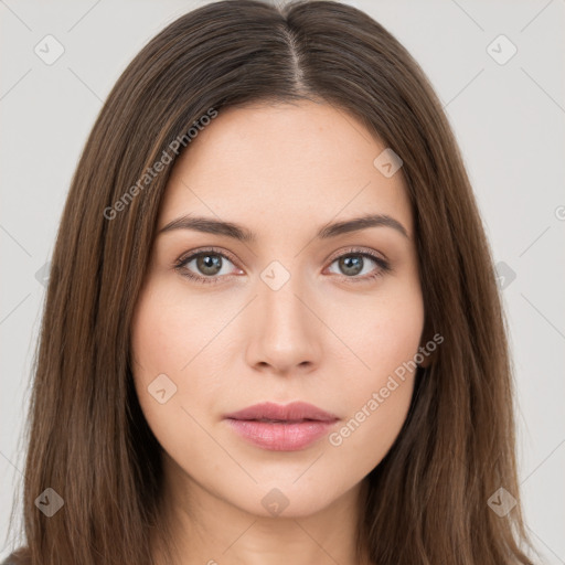 Neutral white young-adult female with long  brown hair and brown eyes