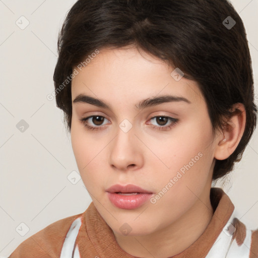 Neutral white young-adult female with medium  brown hair and brown eyes