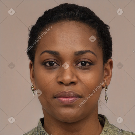 Joyful black young-adult female with short  black hair and brown eyes