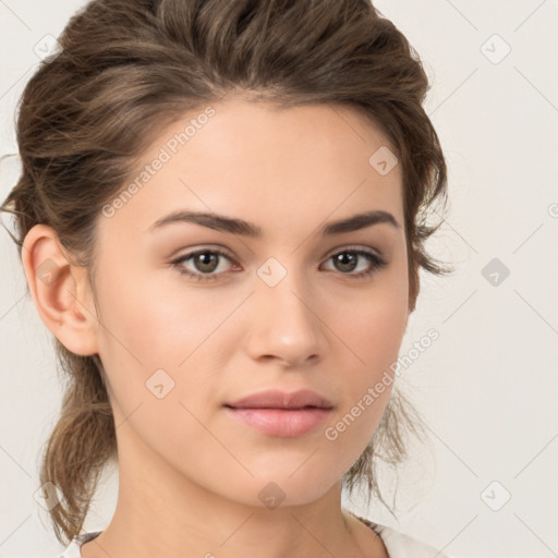 Neutral white young-adult female with medium  brown hair and brown eyes