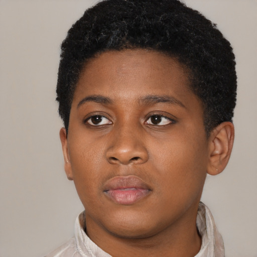 Neutral black young-adult female with short  brown hair and brown eyes
