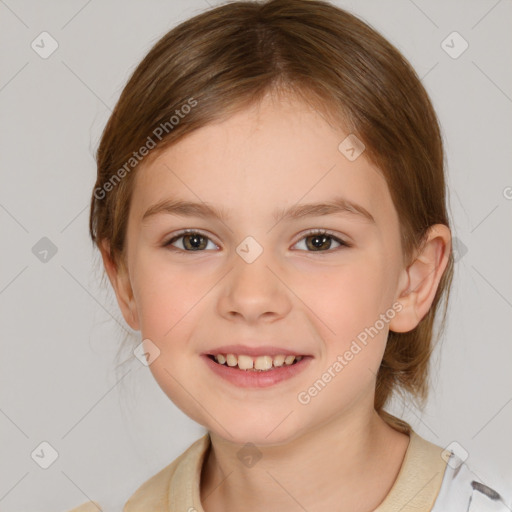 Joyful white child female with medium  brown hair and brown eyes