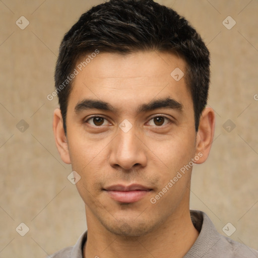 Joyful asian young-adult male with short  black hair and brown eyes