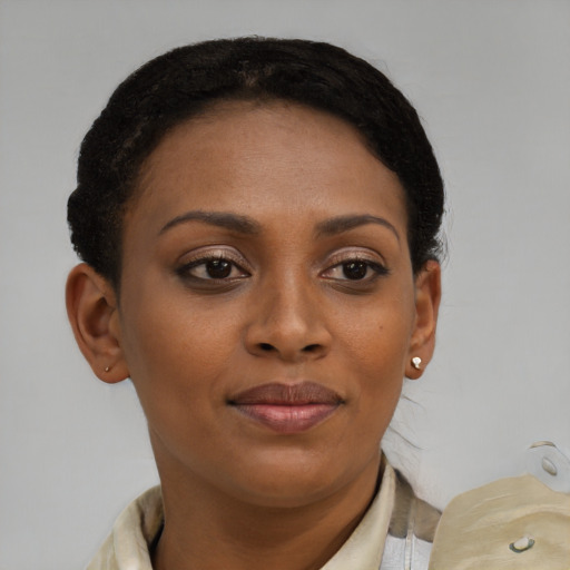 Joyful black young-adult female with short  brown hair and brown eyes