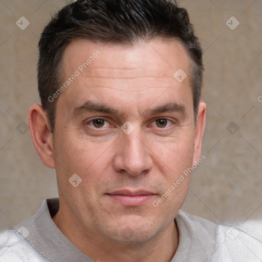 Neutral white adult male with short  brown hair and brown eyes