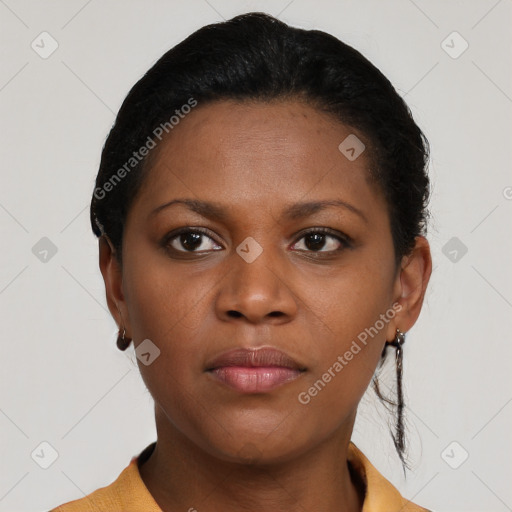 Neutral black young-adult female with short  black hair and brown eyes