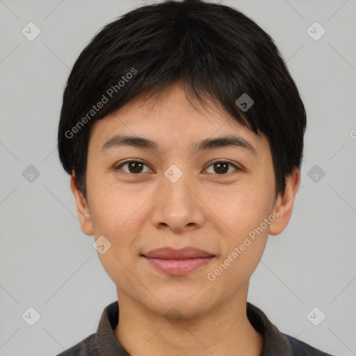 Joyful asian young-adult female with short  brown hair and brown eyes