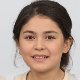 Joyful white child female with medium  brown hair and brown eyes