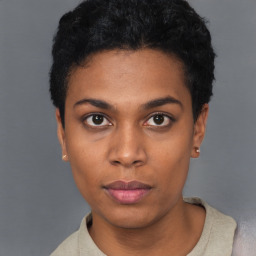 Neutral black young-adult female with short  black hair and brown eyes