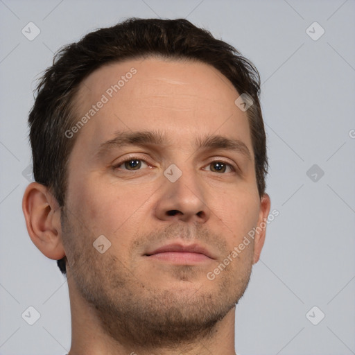 Neutral white young-adult male with short  brown hair and brown eyes