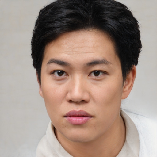 Neutral asian young-adult female with short  black hair and brown eyes