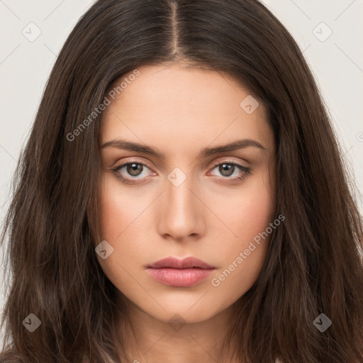 Neutral white young-adult female with long  brown hair and brown eyes