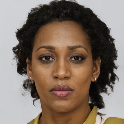 Joyful black adult female with medium  brown hair and brown eyes