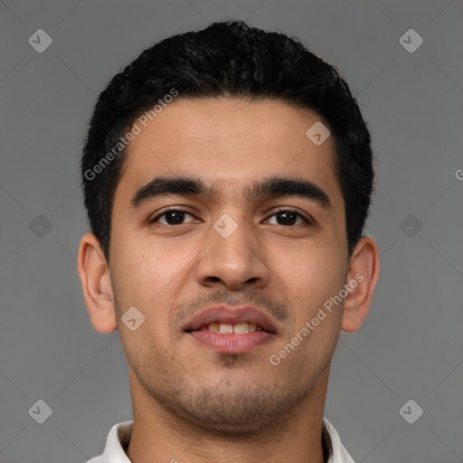 Neutral latino young-adult male with short  brown hair and brown eyes