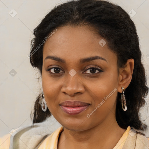 Joyful black young-adult female with medium  brown hair and brown eyes