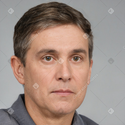 Neutral white adult male with short  brown hair and brown eyes