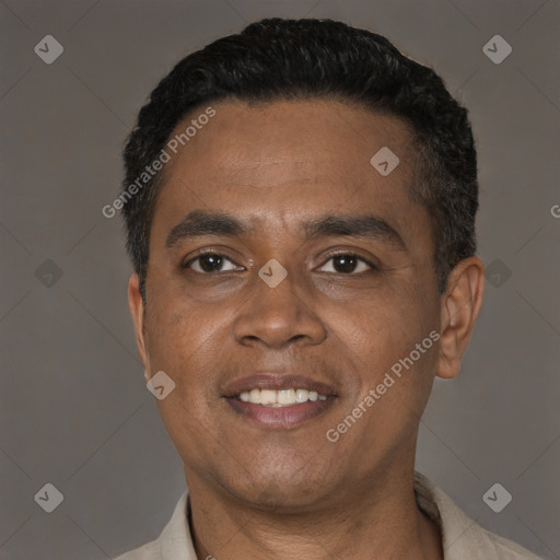 Joyful black adult male with short  black hair and brown eyes