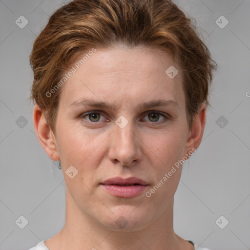 Joyful white young-adult female with short  brown hair and grey eyes