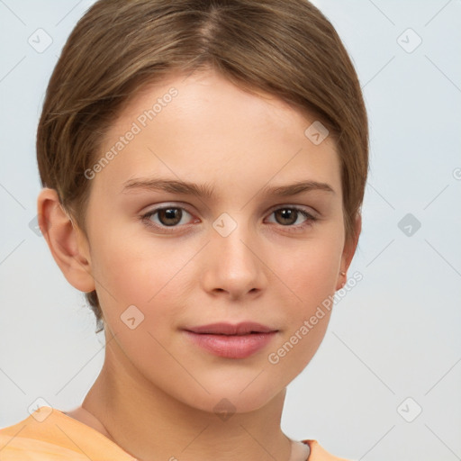 Joyful white child female with short  brown hair and brown eyes