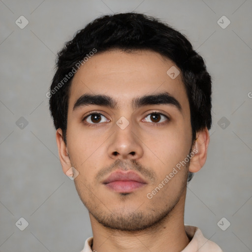 Neutral latino young-adult male with short  black hair and brown eyes