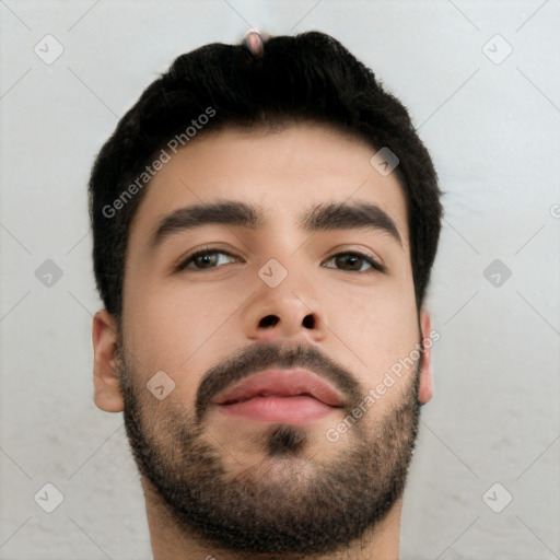 Neutral latino young-adult male with short  black hair and brown eyes