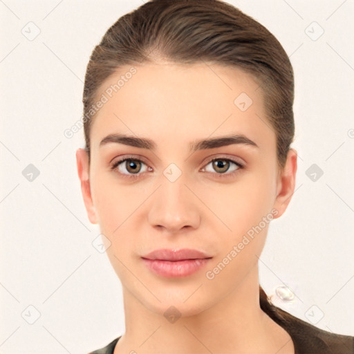 Neutral white young-adult female with short  brown hair and brown eyes