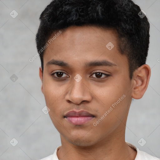 Neutral latino young-adult male with short  black hair and brown eyes