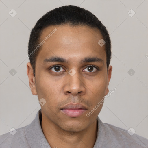 Neutral latino young-adult male with short  black hair and brown eyes