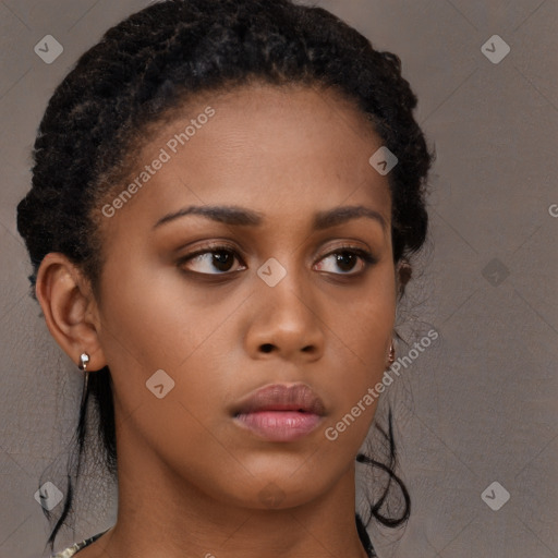 Neutral black young-adult female with long  brown hair and brown eyes