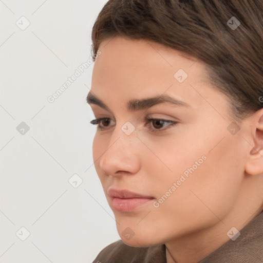 Neutral white young-adult female with short  brown hair and brown eyes